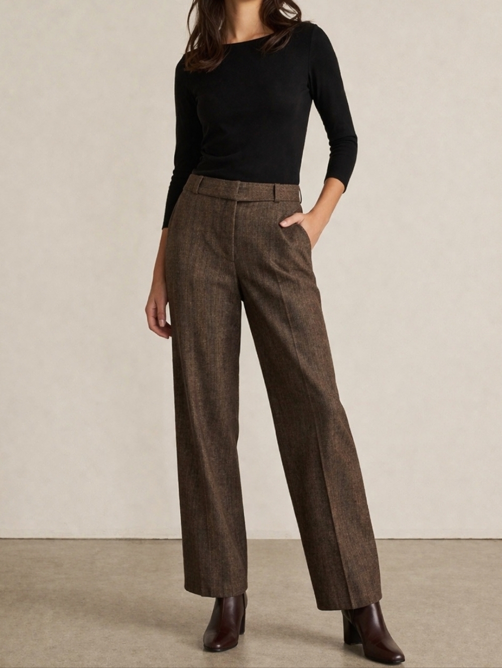 SAG HARBOR 1990s Brown Plaid Midrise Poplin Flat Front Dress Pants - Picture 1 of 12
